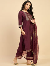 Embroidered Solid Kurta With Duaptta & Palazzo Set