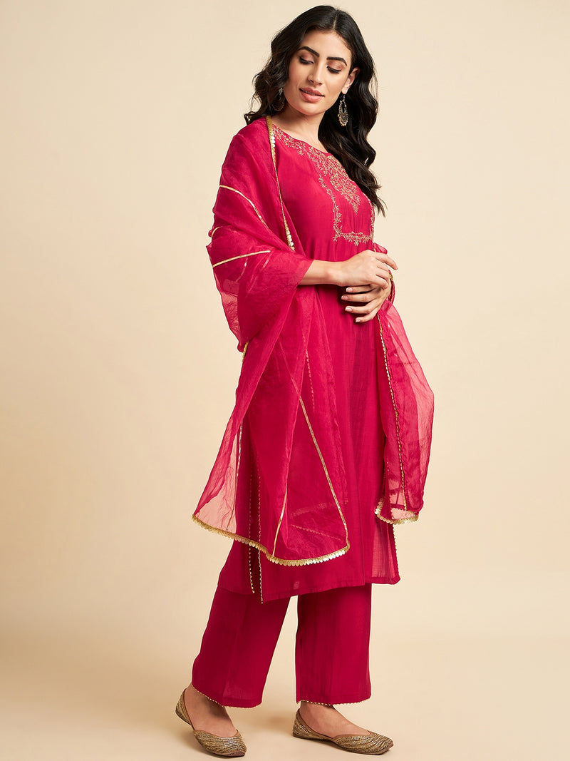 Fuchsia Rayon Silk Straight Calf Length Kurta With Palazzo Dupatta Set