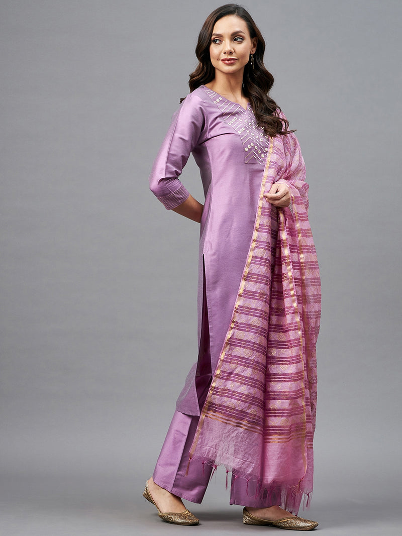 Solid Straight Kurta With Palazzo Dupatta Set