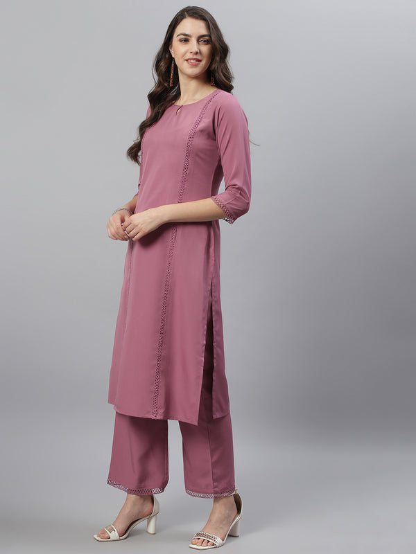 Mauve Solid Side Slit Straight Kurta Palazzo and Duapatta Set