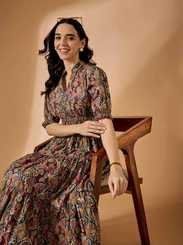 Brown Floral Printed Fit & Flared Dress
