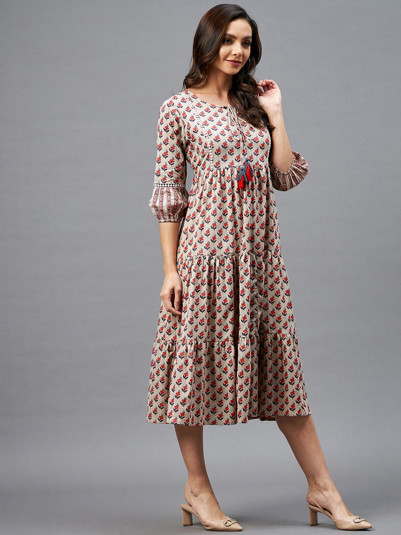 Beige Floral Printed Gathered A-Line Dress