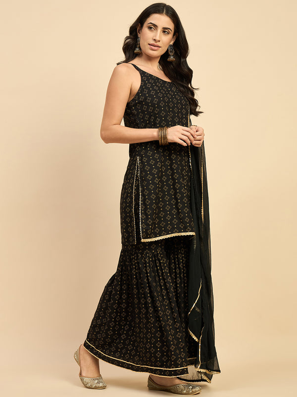 Motif Printed Kurta With Dupatta & Sharara Set