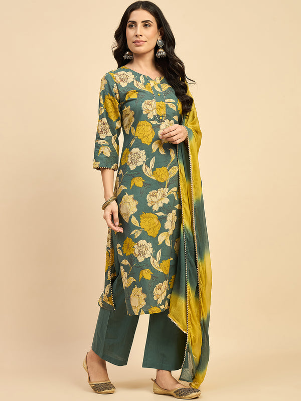 Floral Printed Kurta With Palazzo & Dupatta Set