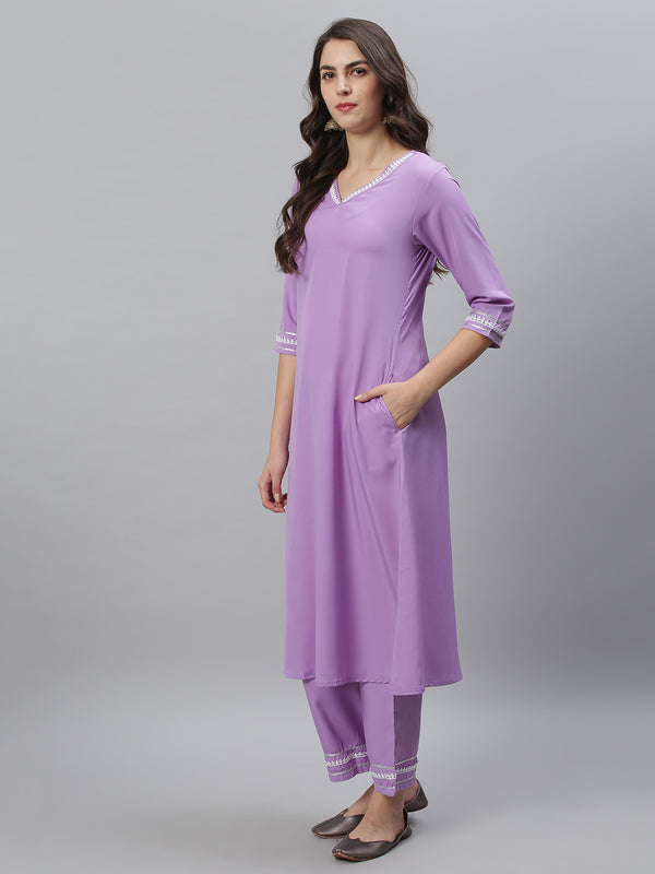 Lavender Solid A-Line Kurta Palazzo and Dupatta Set