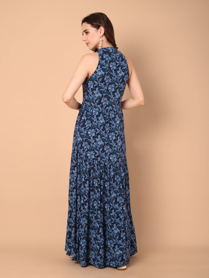 Blue Floral Printed Tiered Dress