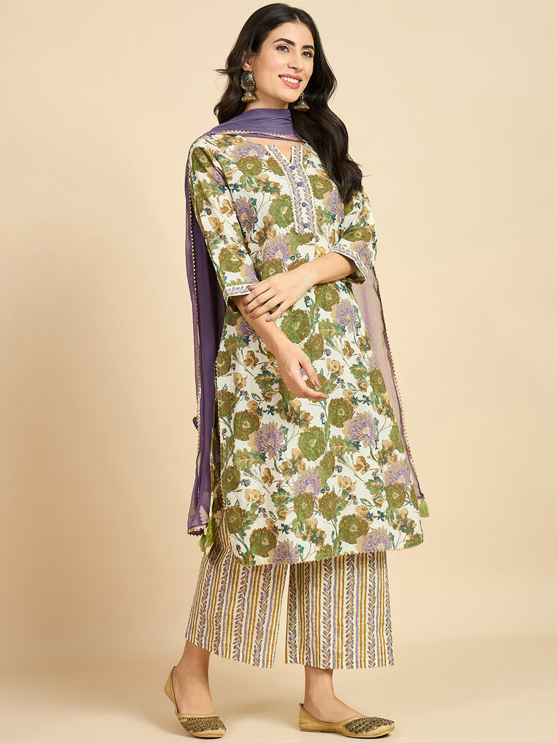 Floral Printed Kurta With Palazzo & Dupatta Set