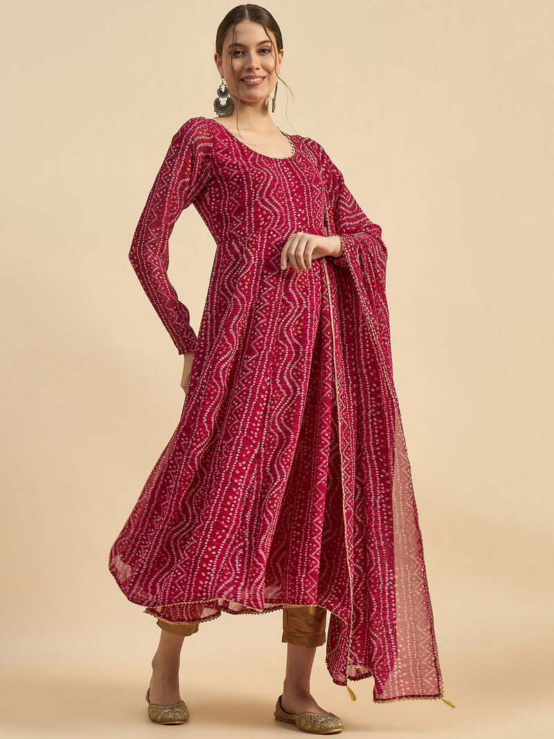 Pink Bandhani Printed Kurta With Dupatta