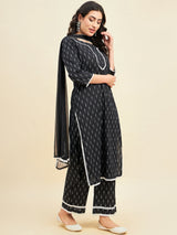 Black Cotton Straight Calf Length Kurta With Palazzo Dupatta Set