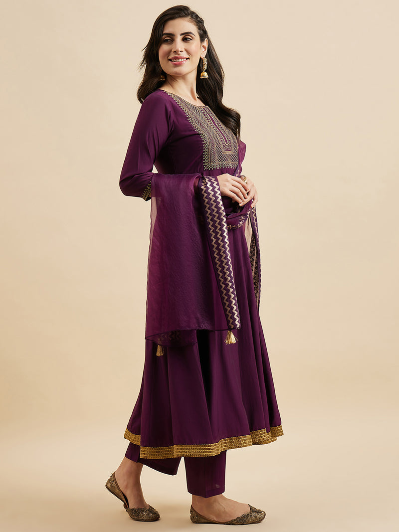 Embroidered Kurta With Palazzo & Dupatta