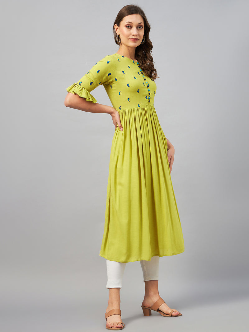 A-Line Lime Green Paisely Embroidered Rayon Kurta