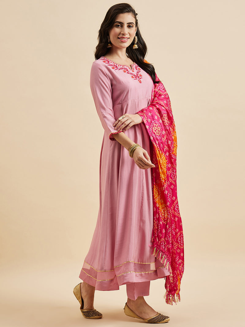 Embroidered Pink Kurta With Palazzo & Dupatta Set