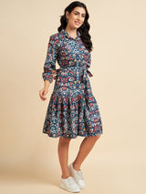 Floral Printed Tie Up Detail Mid Length Dress