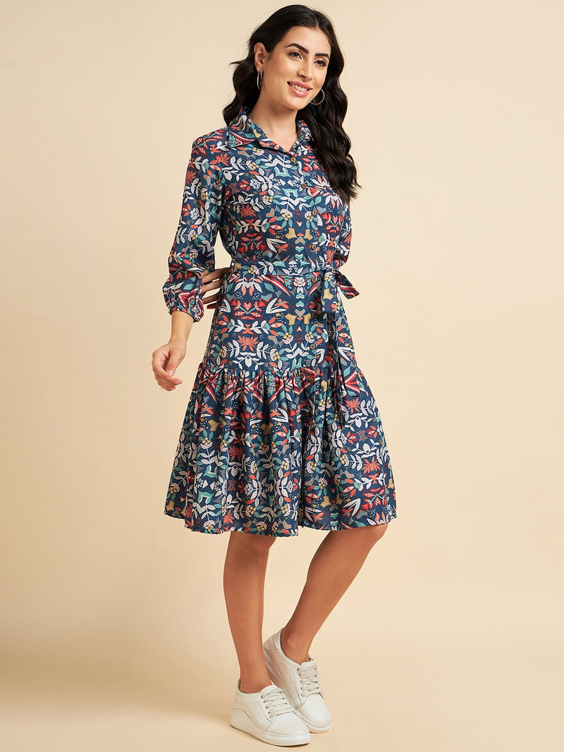 Floral Printed Tie Up Detail Mid Length Dress