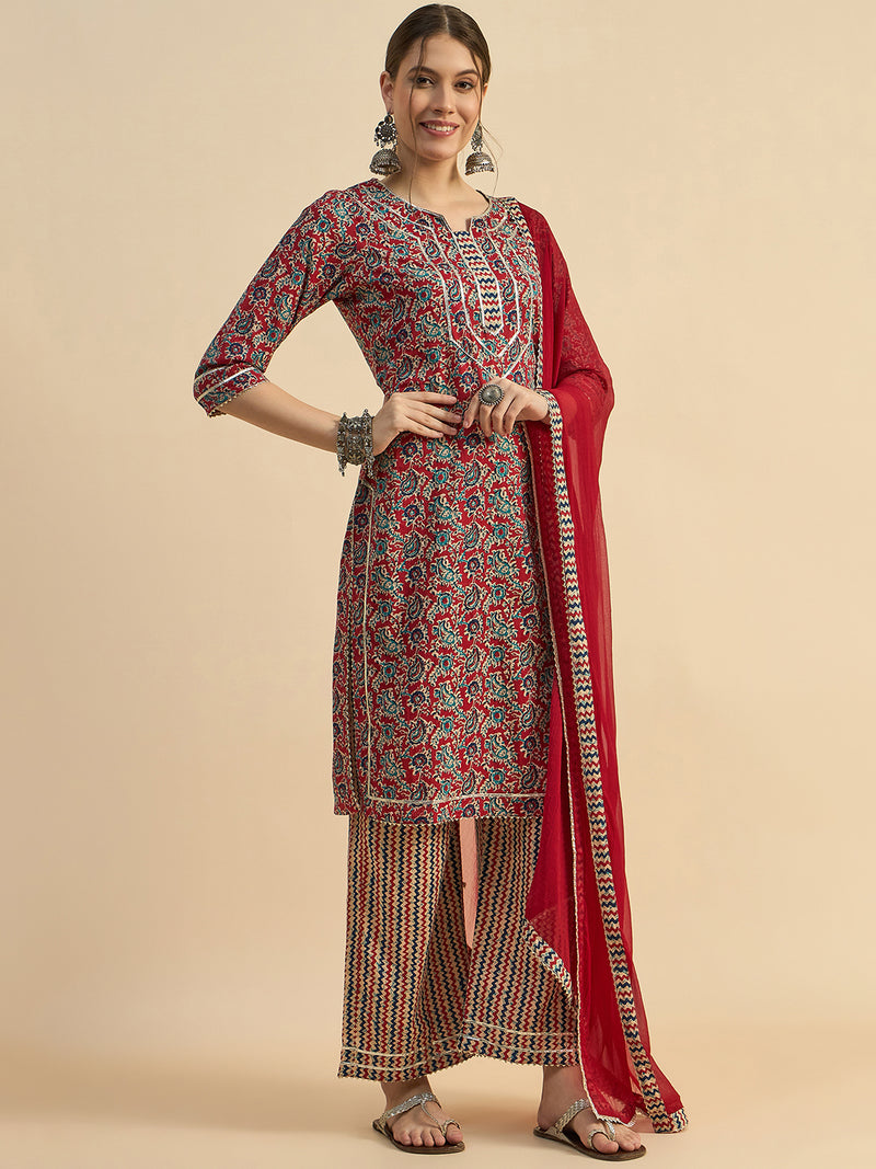 Printed Straight Kurta With Palazzo & Dupatta Set