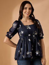 Blue Floral Printed Empire Top