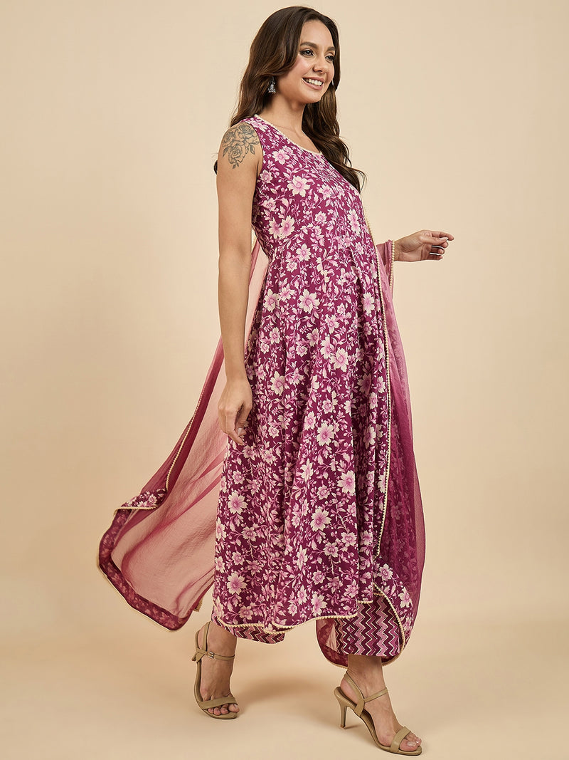 Floral Printed Kurta With Palazzo & Dupatta Set