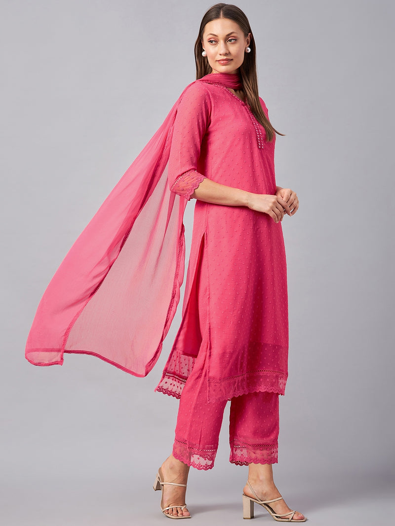 Pink Georgette Kurta With Palazzo & Dupatta Set