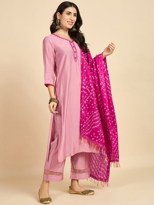 Embroidered Kurta With Palazzo & Dupatta Set