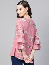 Pink and Grey Floral Printed Gathered Top Having Round Neck with Ruffle Sleeves