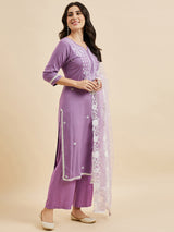 Embroidered Kurta With Palazzo & Dupatta