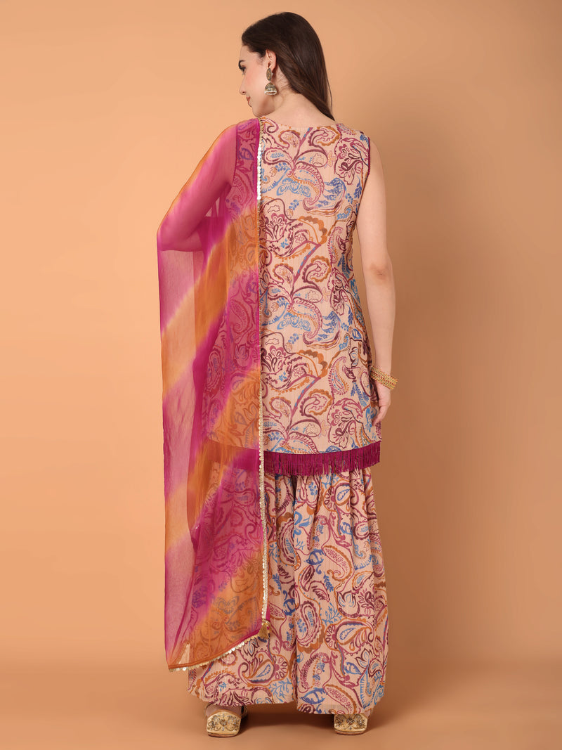 Round Neck Paisley Printed Kurta With Sahara & Dupatta Set