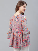 Grey and Peach Floral Gatherd Top Having Pom-Pom on Sleeves and Hemline