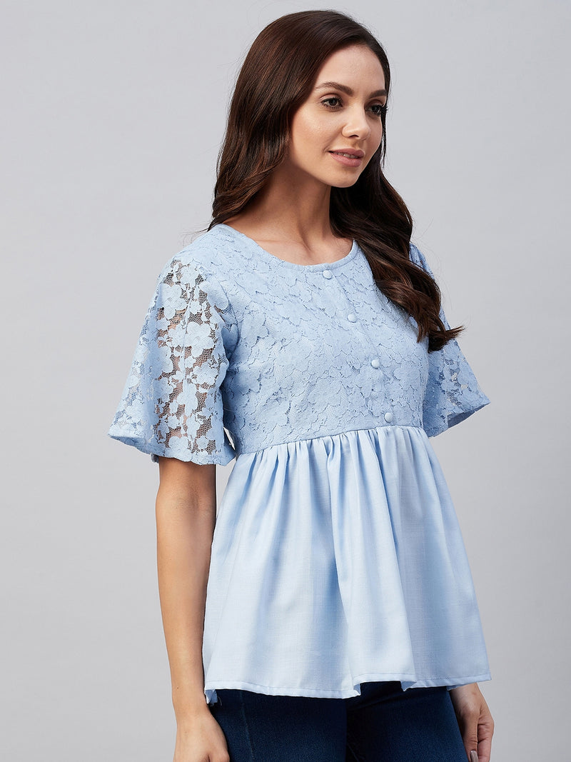 Solid Blue and Flower Lace Gathered A-Line Top