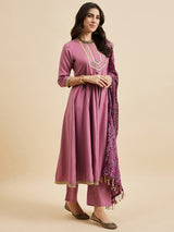 Solid Anarkali Kurta With Palazzo & Dupatta Set