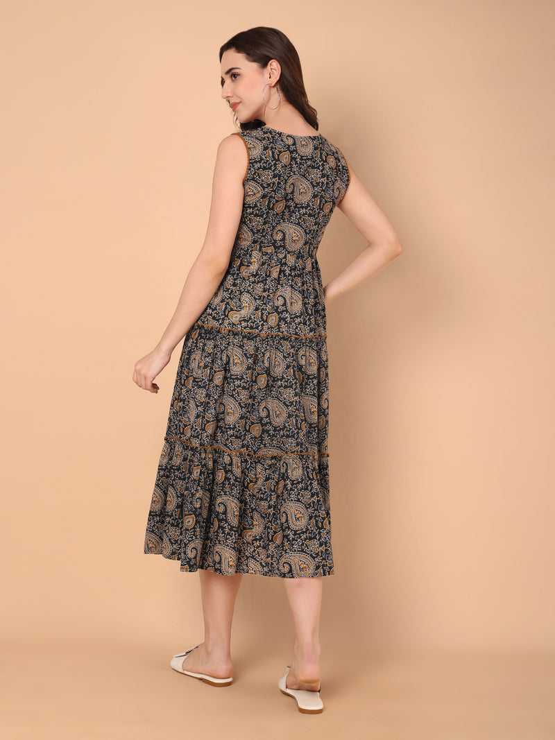Paisley Print V-Neck Flared Dress