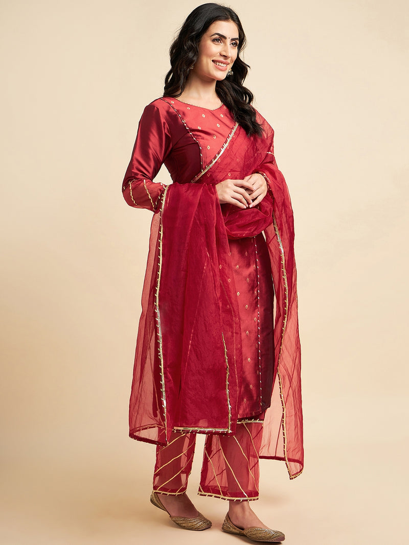 Maroon Raw Silk Straight Calf Length Kurta With Palazzo Dupatta Set