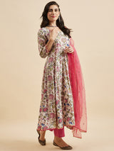 Floral Printed Anarkali Kurta With Palazzo & Dupatta Set