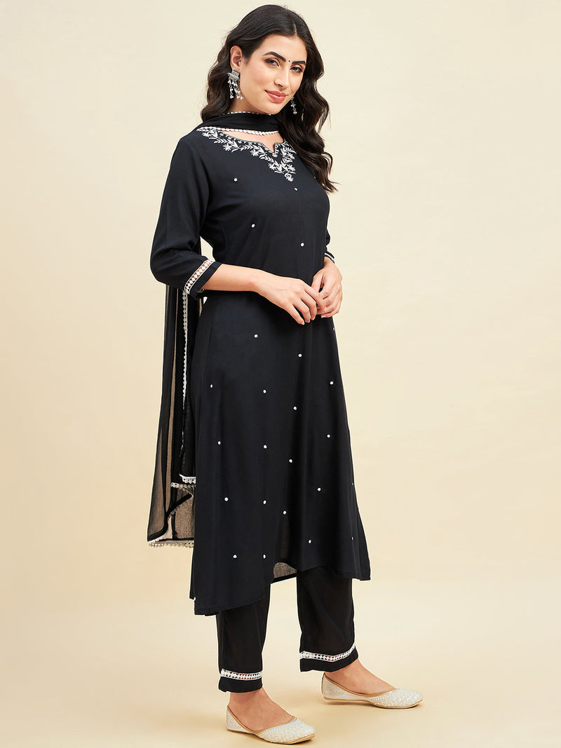 Black Rayon Straight Calf Length Kurta With Palazzo Dupatta Set