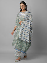 Green Printed Cotton Kurta With Dupatta & Palazzo