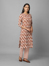 Beige and Brown Ethnic Printed Side Slit Straight Kurta With Palazzo Set