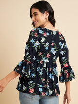 Floral Printed Navy Blue Rayon Top