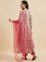 Floral Printed Anarkali Kurta With Palazzo & Dupatta Set