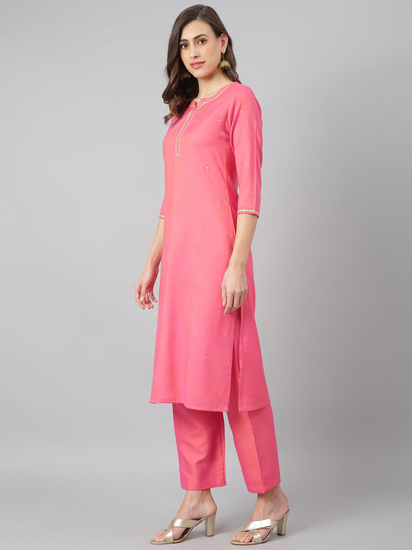 Solid Pink Embroidered Side Slit Straight Kurta