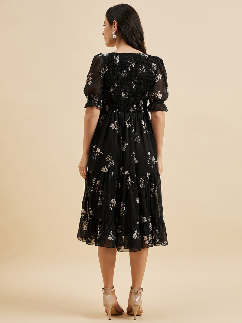 Black Printed Smocking Dress