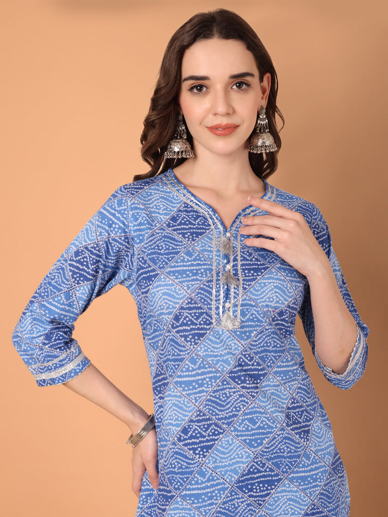 Bandhani Printed Kurta Set With Sharara & Dupatta Set