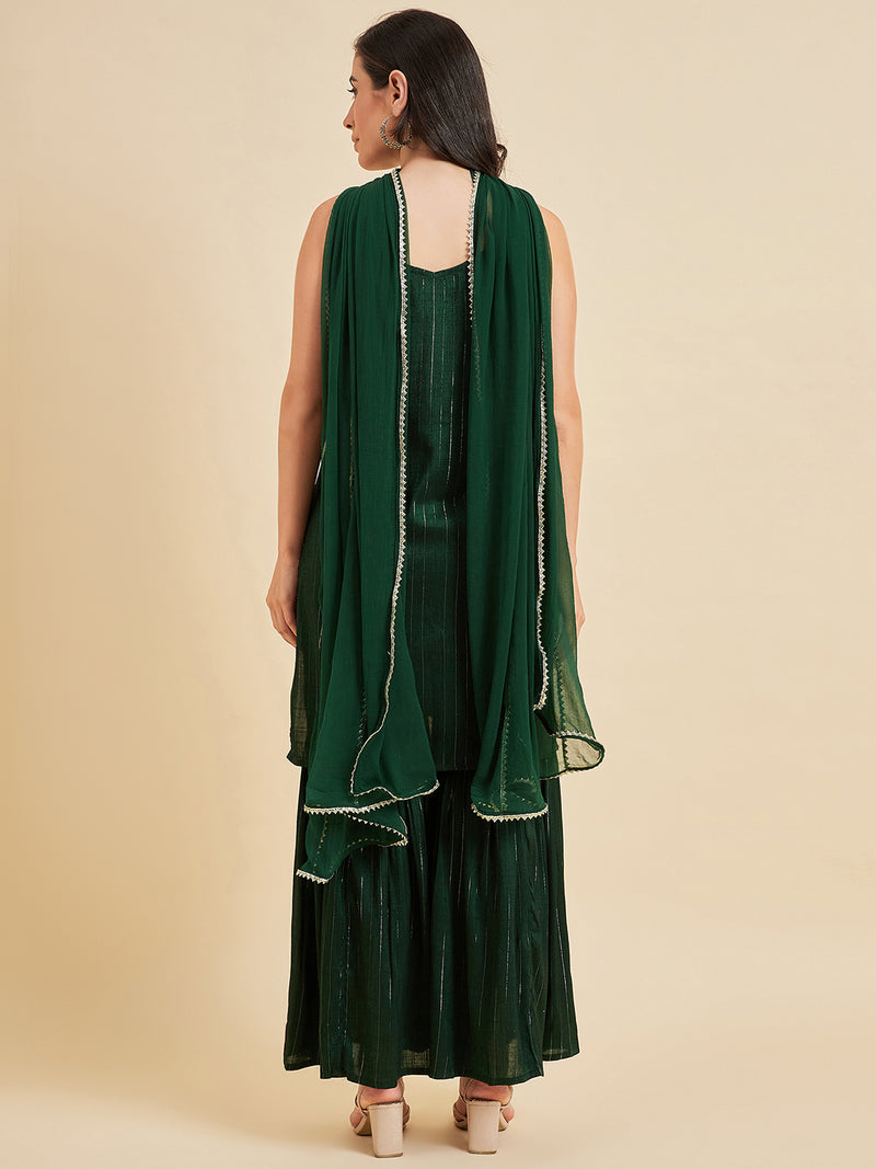 Solid Green Straight Knee Length Kurta With Sharara And Dupatta Set