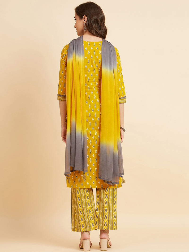 Yellow Cotton Straight Calf Length Kurta With Palazzo & Dupatta Set