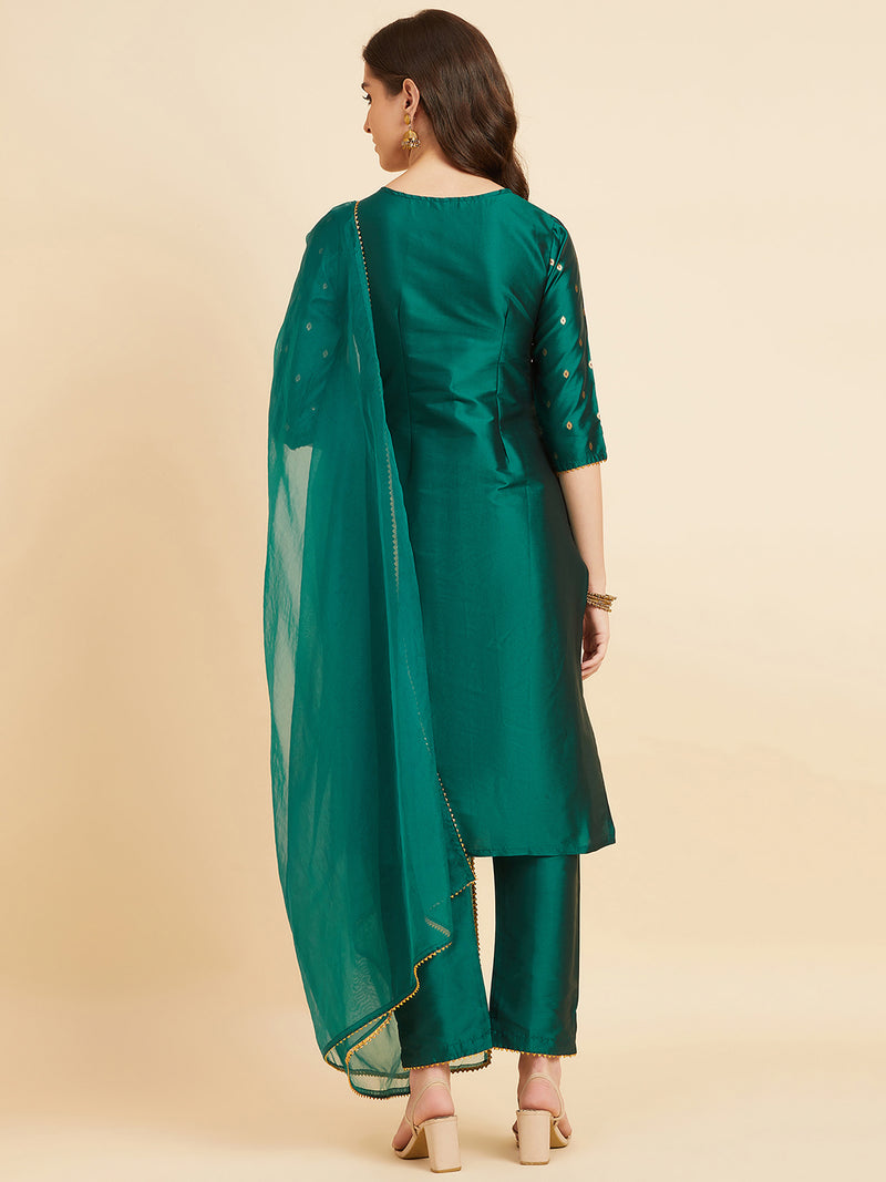 Green Straight Calf Length Kurta With Palazzo & Dupatta Set