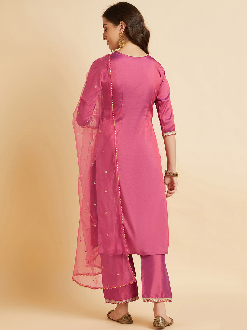 Pink embroidered Calf Length Kurta With Palazzo & Dupatta Set