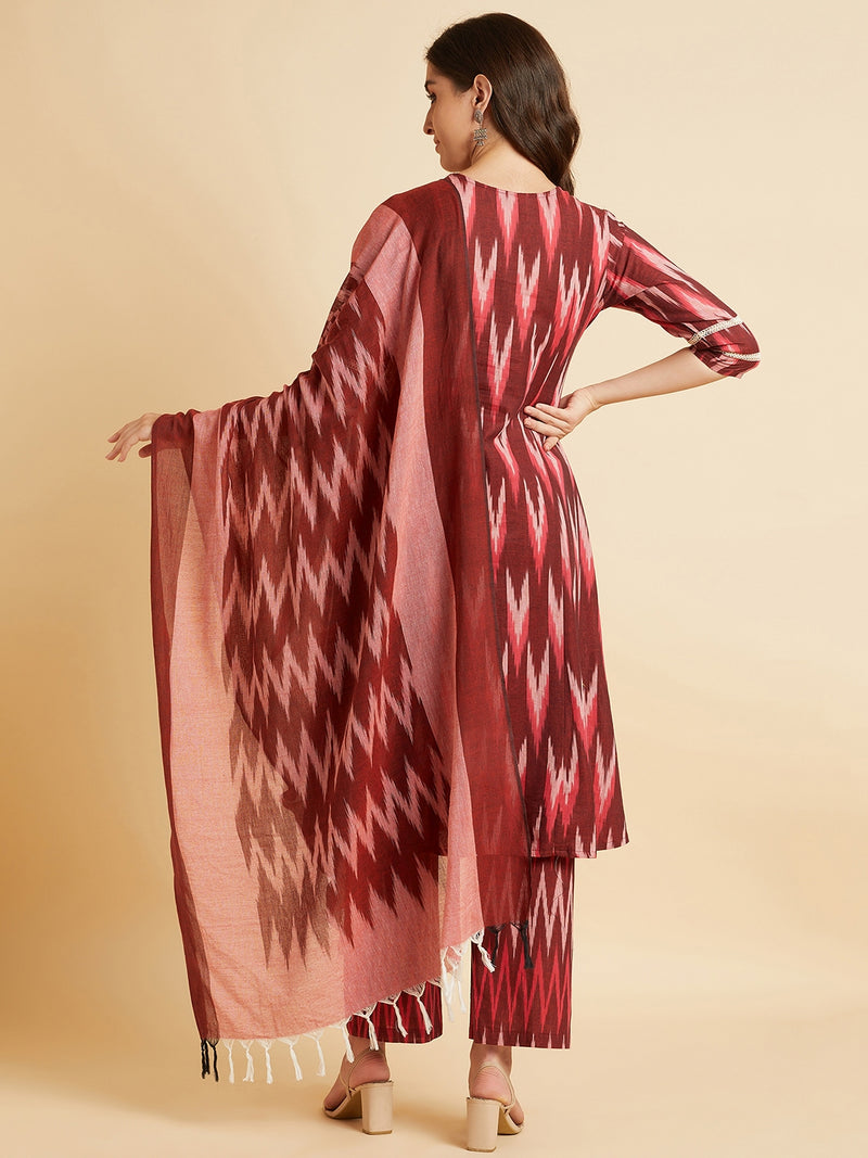 Maroon Cotton A-Line Calf Length Kurta With Palazzo & Dupatta Set