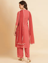 Pink Georgette Straight Calf Length Kurta With Palazzo & Dupatta Set