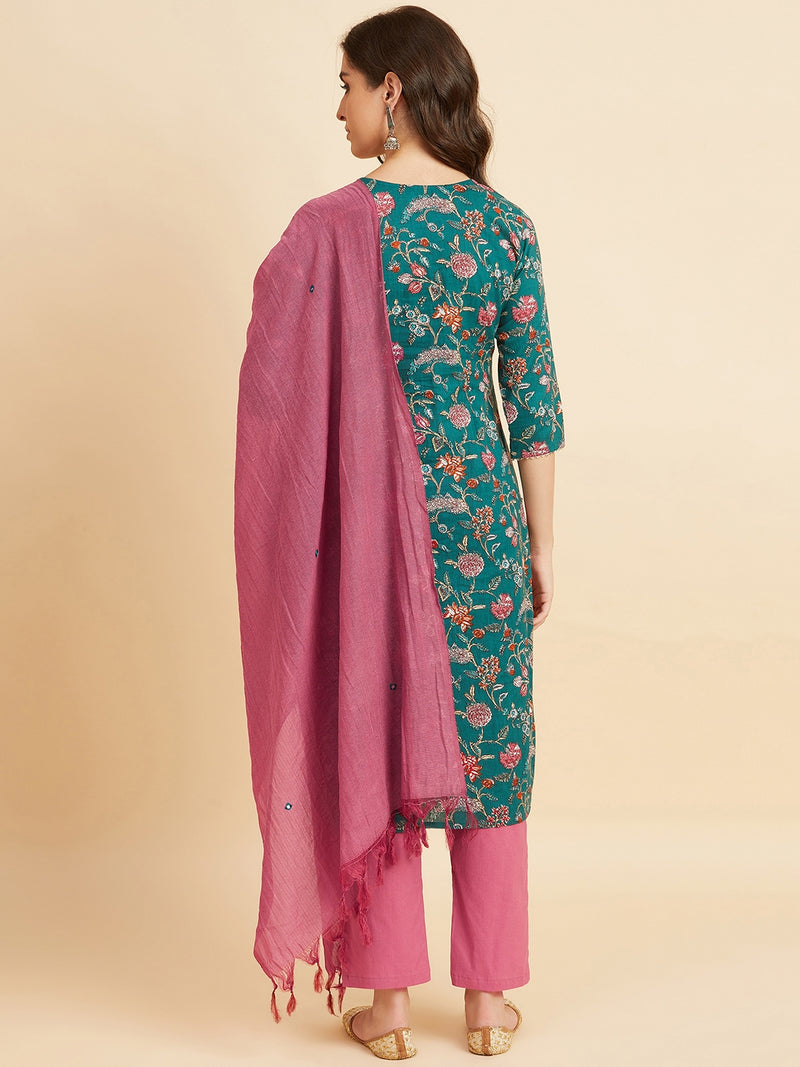 Green Cotton Straight Calf Length Kurta With Palazzo & Dupatta Set