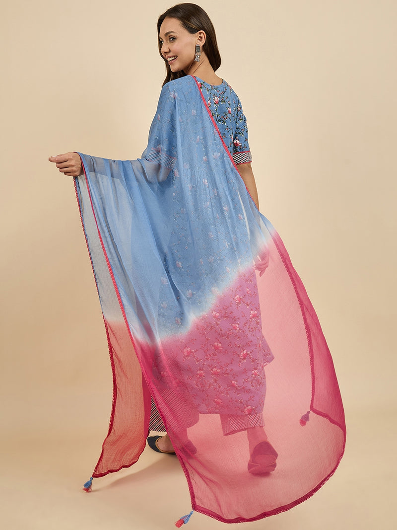 Floral Printed Kurta With Palazzo & Dupatta Set