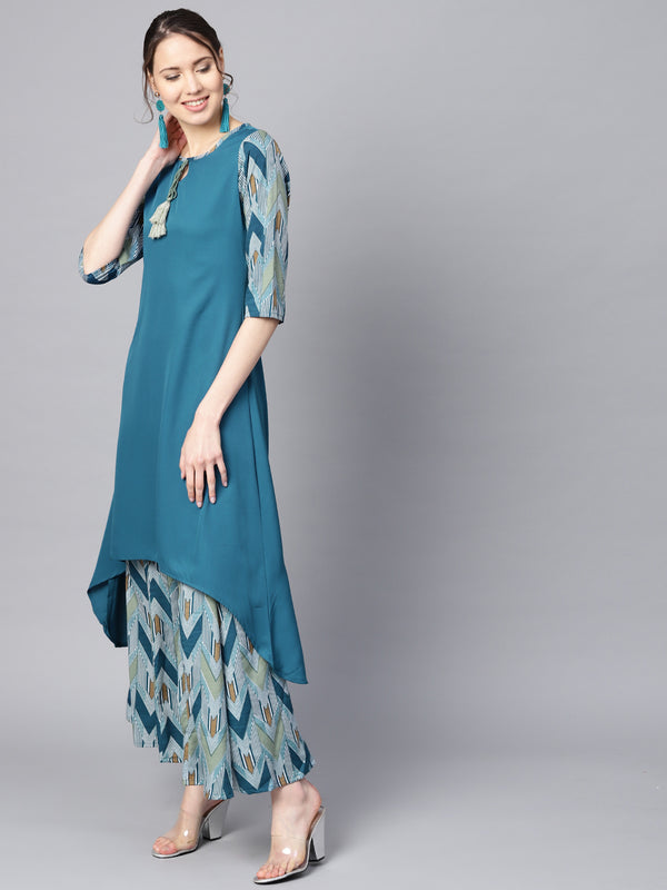 Blue Solid Crepe Kurta With Palazzo Set