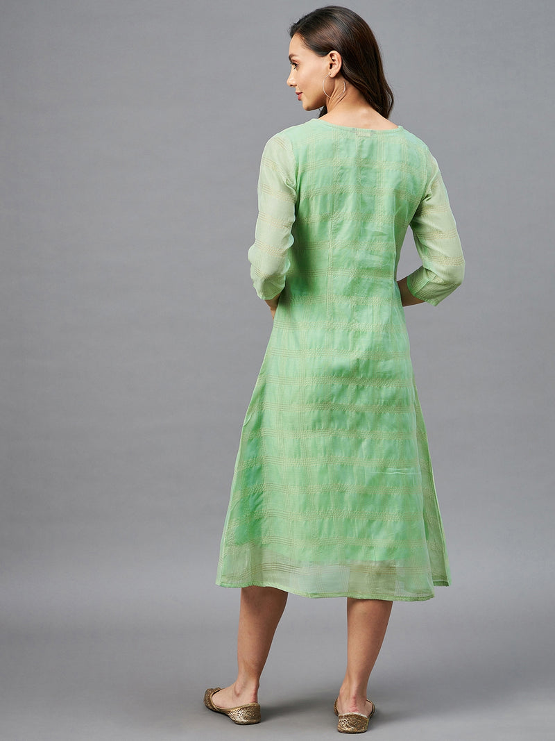 Green and Golden Checks Printed A-Line Dress